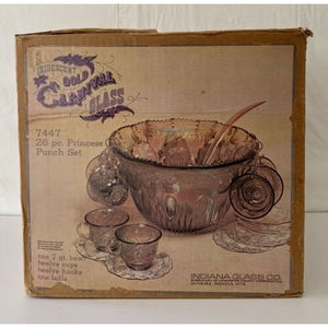 Indiana Glass Iridescent Gold Carnival Glass 26 pc Princess Punch Bowl Set #7447